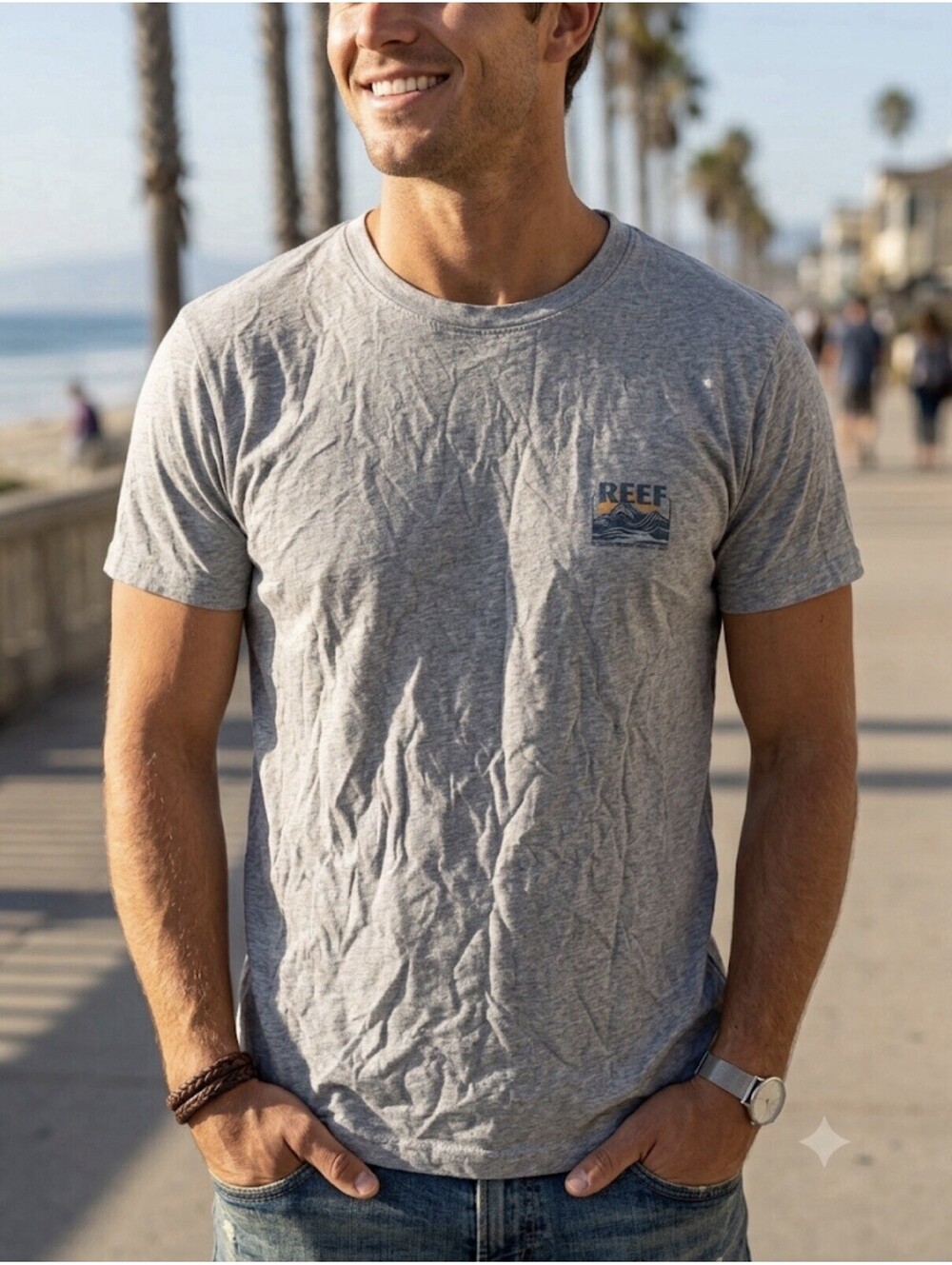 REEF Men's T-Shirt Gray Short Sleeve Crew Neck Surf Beach Mountain Logo Size S